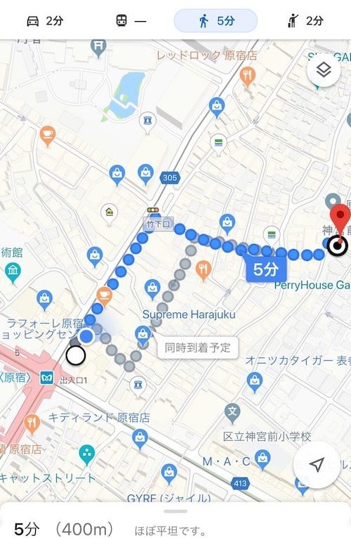 明治神宮前からマヒナ占いサロン原宿店までのGoogleマップ